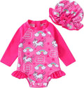 Infant Baby Girl Swimsuit One-Piece Long Sleeve Rash Guard with Hat Set Floral Zipper Bathing Suit Leopard Beach Wear