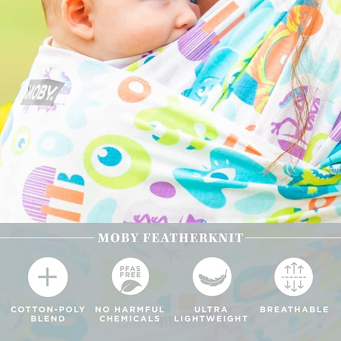 Moby Baby Wrap Carrier Featherknit for Newborns to Toddlers (8-33lbs), Infant Sling Carrier, Lightweight & Hands Free Design, Adjustable for All Body Types (Disney Pixar's Monster Mash-Up)