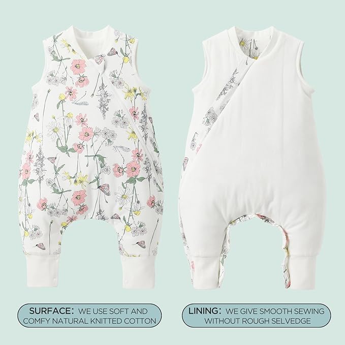 Duomiaomiao 1.5 TOG Toddler Sleep Sack 36-48 Months 100% Cotton Four Season Side Open Zipper Baby Sleep Sack with Feet, Breathable Toddler Wearable Blanket