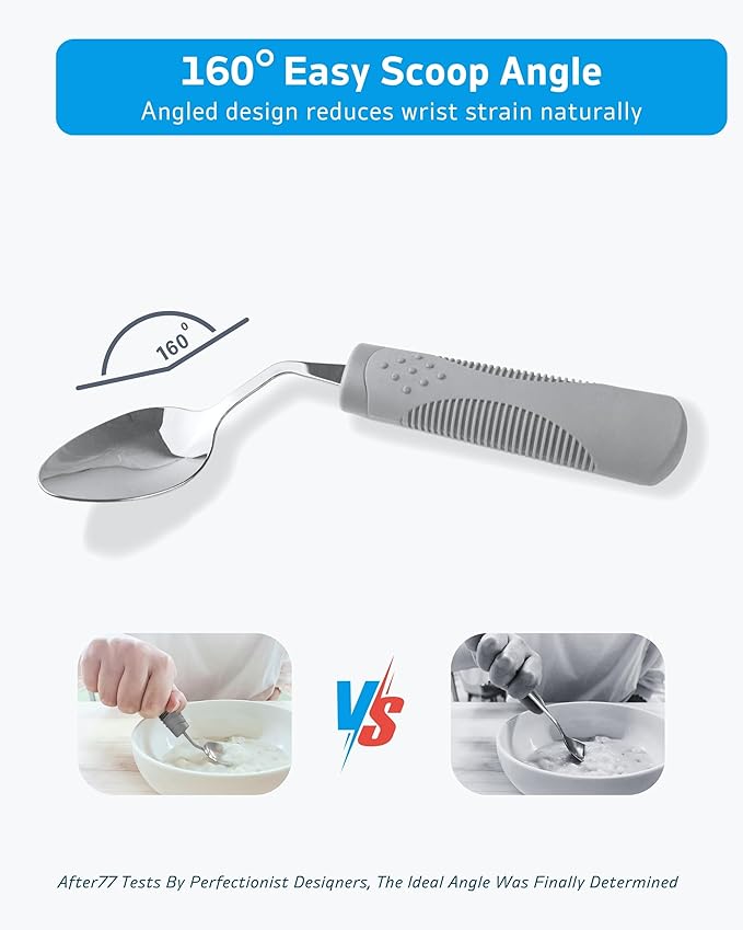 Adaptive Utensils (4-Piece Set) Weighted 5 oz - 42° Angled Utensils for Parkinson's Patients, Hand Tremors, Arthritis & Elderly - Eating Utensils for Elderly (Grey: Right Handed)