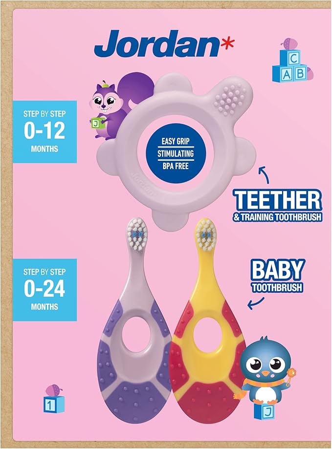 Jordan* ® | Step 0 Teether & Training Toothbrush | BPA-Free, Hygienic, 2-in-1 Teething & Early Brushing Solution for Babies | Pink | 1 Teether + 2 Step 1 Baby Toothbrush