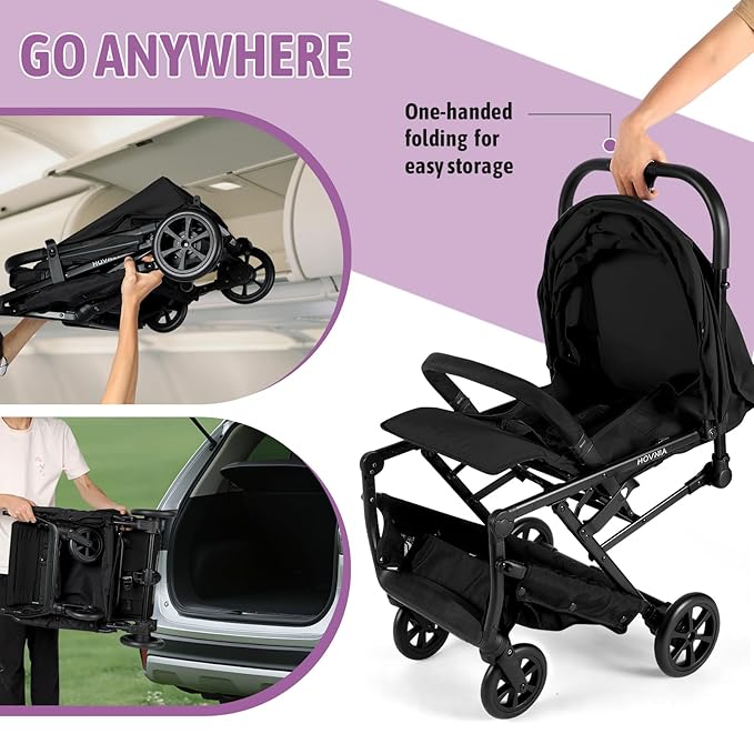 Lightweight Stroller, One-Hand Fold Compact Travel Stroller from Birth to 55 lbs, UPF 50+ Large Canopy & 5-Point Harness, Adjustable Reclining Seat- Black