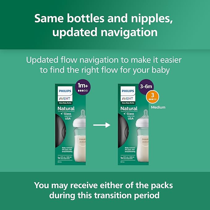 Philips Avent Natural Glass Baby Bottle with Natural Response Nipple (Medium Flow, Flow 3), 8oz, SCY913/01