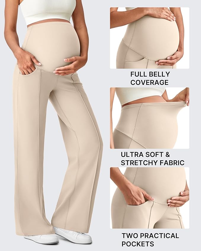 G4Free Maternity Dress Yoga Pants with Pockets Over The Belly Stretchy Work Slack Pregnancy Wide Leg Lounge Trousers