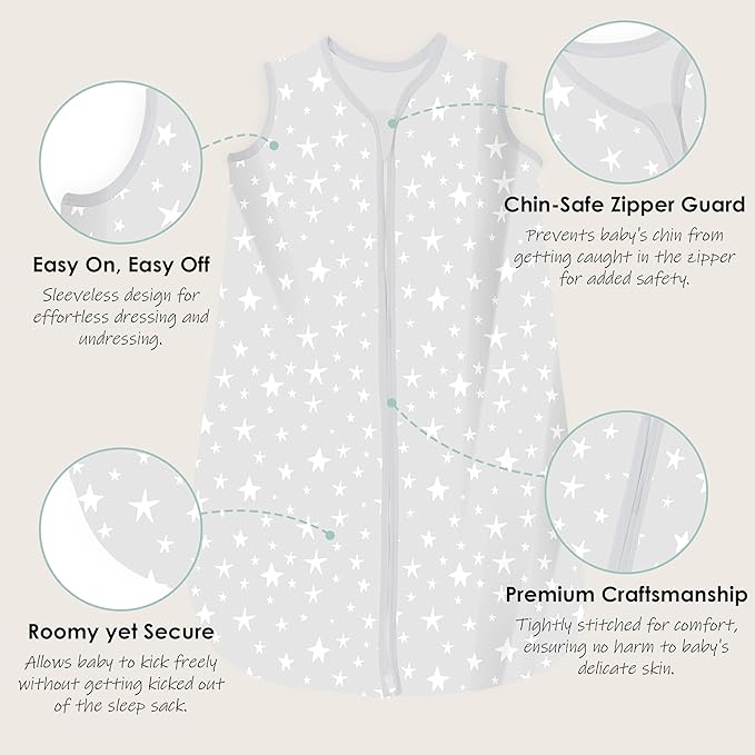 Cute Castle Baby Sleep Sack 6-12 Months - Lightweight 100% Cotton 2-Way Zipper TOG 0.5 Infant Wearable Blanket, Newborn Essentials Toddler Sleep Clothes, 3 Pack(Gray, Letters, Stars)