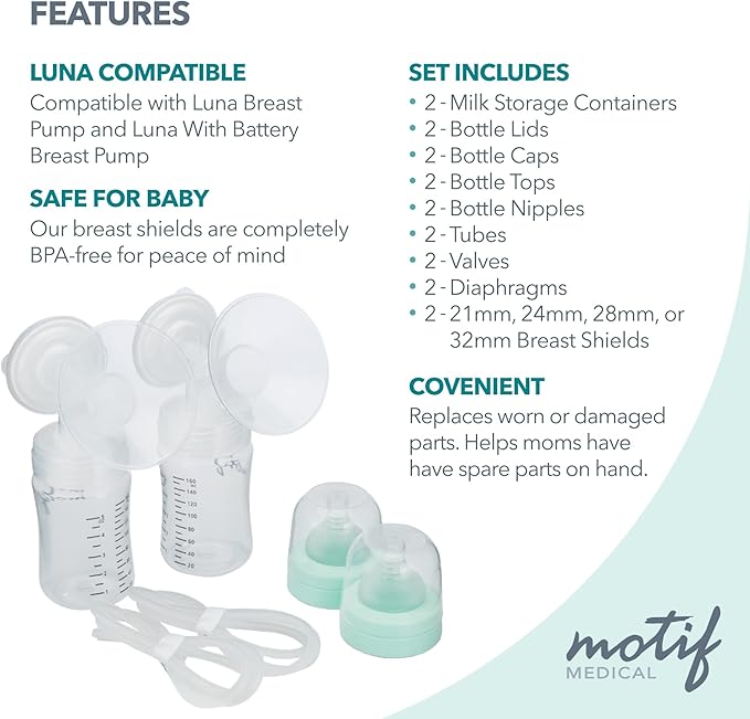 Motif Medical Luna Double Breast Pump Replacement Parts - Breast Pump Parts W/Bottles, Nipples, Tubing, Valves, Breast Shields (24mm), Diaphragms, Connectors & More - Safe Easy-to-Use Breast Pump Kit