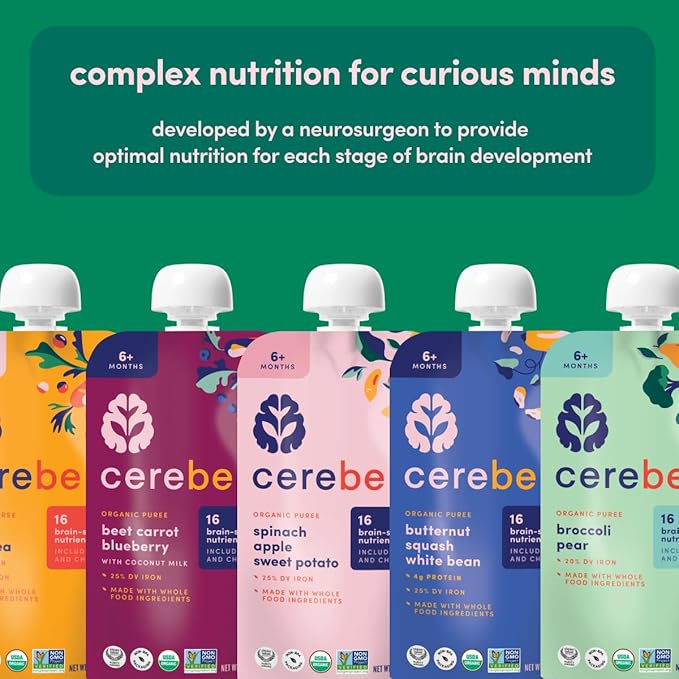 Cerebelly Organic Baby Food Pouches, White Bean Pumpkin Apple Purees, 16 Nutrients, No Added Sugar, Fiber & Non-GMO, 4oz, 6 Pack