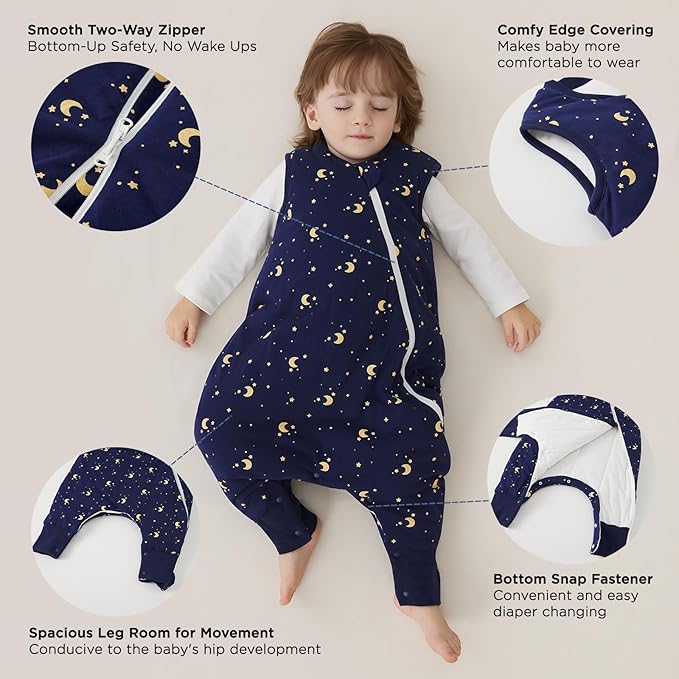 Duomiaomiao 2.5 TOG Toddler Sleep Sack 3-4T 100% Cotton Winter Side Open Zipper Baby Sleep Sack with Feet, Warm Toddler Wearable Blanket