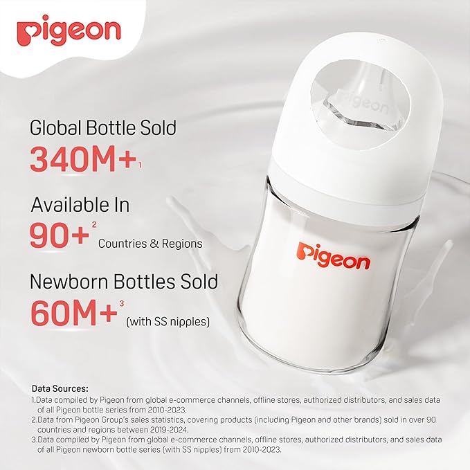 Pigeon Glass Nursing Bottle Wide Neck, Nurture & Nest, Anti-Colic, Streamlined Body, Natural Feel, Easy to Clean, Heat-Resistant, 8.1 Oz (Pack of 3), Includes 3pcs Stage 3 Nipples (3m+)