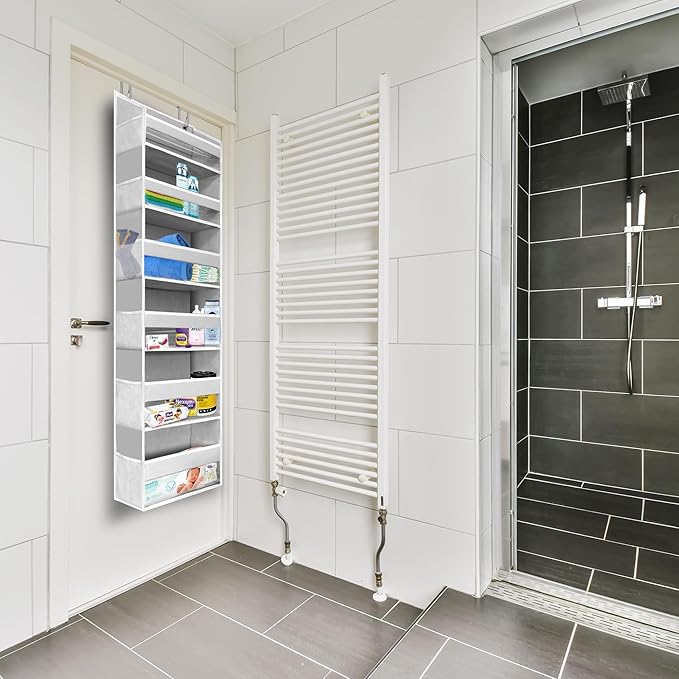 HOMELUX THEORY 1 PC Heavy Duty Over the Door Organizer 55x14x6.7, 6 Large Front & 12 Side Pockets, Hanging Storage Closet Door Organizer for Bedroom, Bathroom and Baby Nursery Storage (Light Gray)