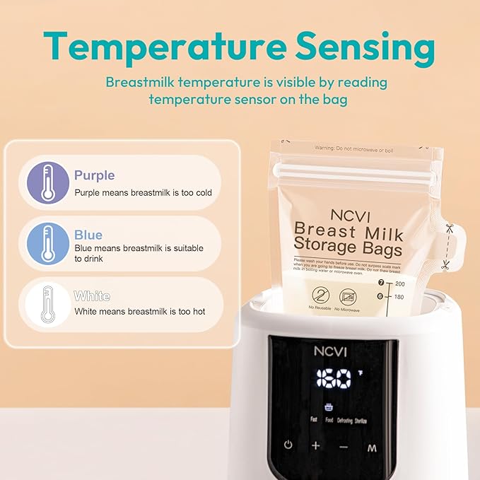 NCVI Breastmilk Storage Bags, 180 Count Milk Storage Bags for Breastfeeding, 7oz Breast Milk Storage Bags with Temp-Sensing, Doubled-Sealed, Hygienically, Self Standing, Easy Pour Spout, BPA Free