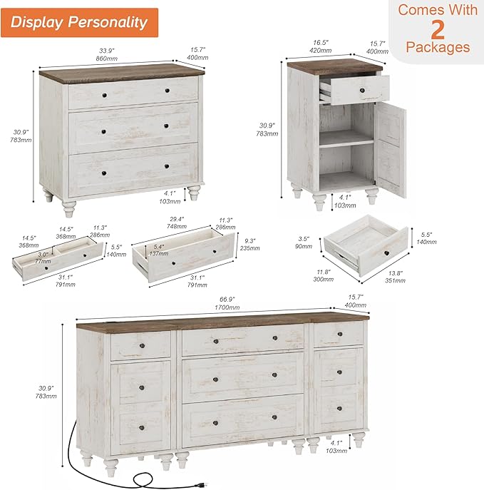 WAMPAT Rustic White Dresser for Kids Bedroom with 5 Drawers and 2 Storage Cabinet, Nightstands with Charging Station for Living Room, Mid Century Modern Baby Dressers with Wide Chest of Drawers