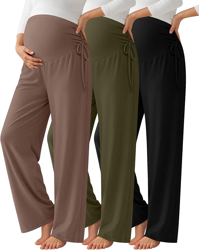 Neer 3 Pack Women's Maternity Pants Over The Belly Loose Pregnancy Pants Stretchy Lounge Wide Leg Trousers with Pockets