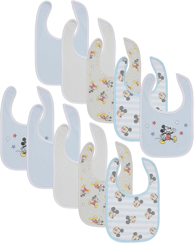Disney 10-Pack Mickey Mouse Baby Bibs – Ten Soft, Absorbent, and Adjustable Cotton Bibs for Mess Free Meals