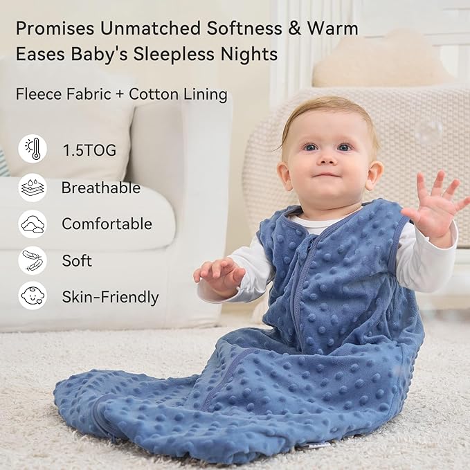 Fleece Baby Sleep Sack 12-18 Months with Plush Dots 1.5 Tog Baby Wearable Blanket with 2-Way Zipper Warm Sleeping Sack for Toddler Infant - Large, Blue&Green