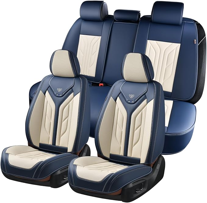 Coverado Car Seat Covers Full Set, Leather Seat Covers for Cars, Automotive Seat Covers Car Seat Protectors Car Accessories Universal Fit for Most Sedans SUV Pick-up Truck(Blue&Beige)