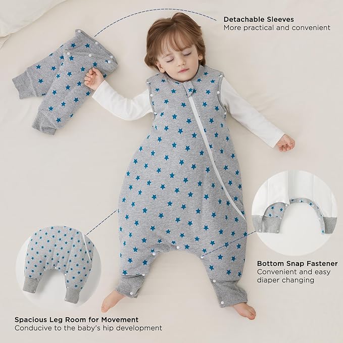 Duomiaomiao 3.5 TOG Toddler Sleep Sack 12-24 Months 100% Cotton Winter Side Open Zipper Baby Sleep Sack with Feet, Warm Toddler Wearable Blanket