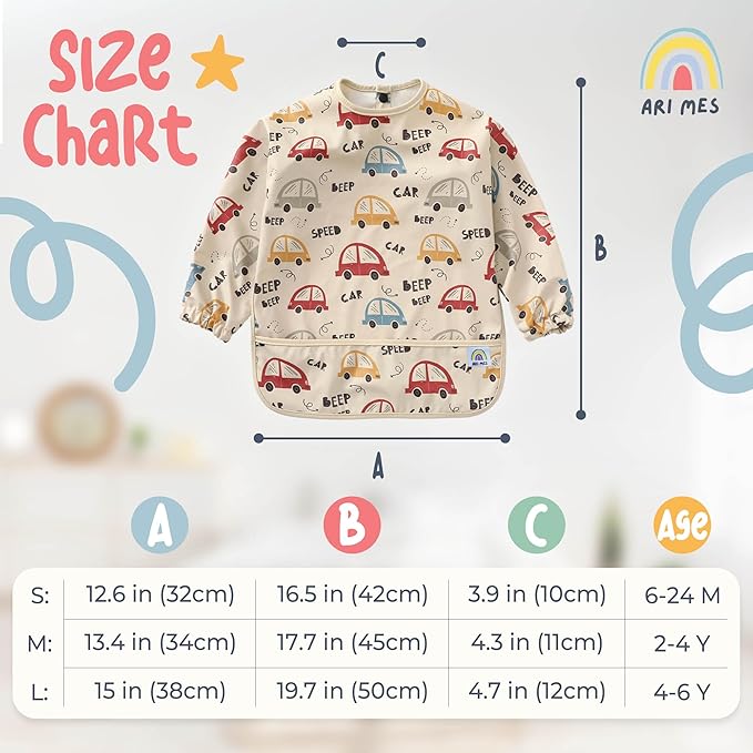 ARI MES Long Sleeves Waterproof Baby Bibs for Eating - Kitty Cats, Large- Wearable, Coverall for Toddler, Long Sleeve Bib, Smock Apron for Feeding - Applicable for 6-72 Months