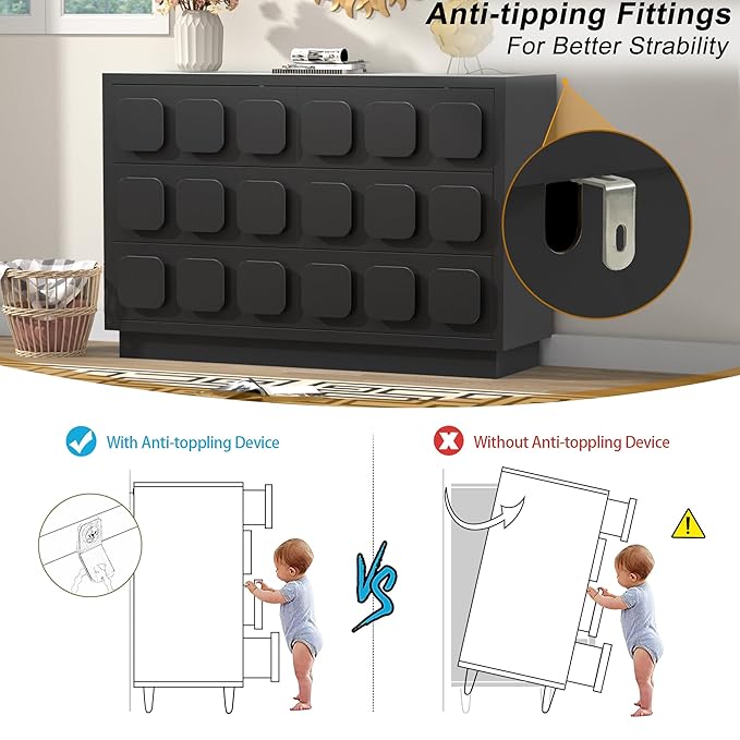 Anbuy Black Baby Dresser for Bedroom, Dresser for Baby with 6 Drawers, Storage and Organization Unit with Square Handles for Nursery, Kids Bedroom