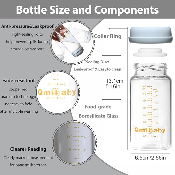 Breast Milk Storage Bottles 240ml 8oz BPA-Free Leak-Proof Baby Bottle for Breastmilk Storage Wide Neck Bottles with Screw Ring Sealing Disk Breastfeeding (Grey, 240ml-2Packs)