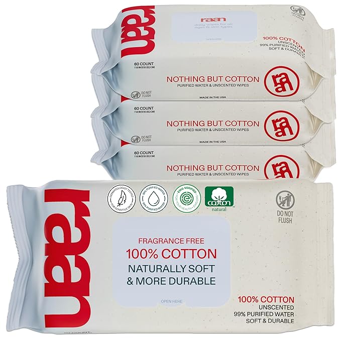 Raan, 100% Cotton Baby & Toddler Wipes, Unbleached, 99% Purified Water, Unscented, EWG verified, Made for Sensitive Skin, Extra Soft and Durable, 4 pack, 240 Count