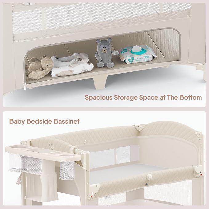 4 in 1 Baby Bassinet, Pack and Play, Bedside Crib Sleeper, Diaper Changer - Comes with Mattress, Mosquito Net, Bottom Storage and Toy Bar for Newborn to Toddles