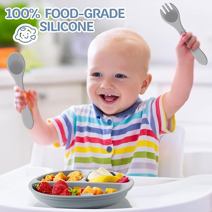 6 Pack Suction Plates for Baby with Spoon Fork Divided Toddler Plate with Suction Silicone Baby Self Feeding Set for Boys Girls (Dark Gray, Army, Dark Blue, Orange, Khaki, Pink)