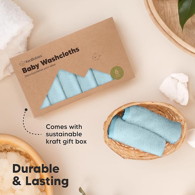 6-Pack Baby Washcloths - Soft Absorbent Viscose from Bamboo Wash Cloths for Babies, Kids, Toddlers, Infant, Newborn Bath Towels, Gentle on Sensitive Skin, 10x10 Reusable Face Towels (Bravo Blue)