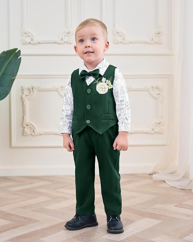 Coco&RARA Baby Boy Clothes Suits Infant Gentleman Outfits, Formal Dress Shirt+Vest+Corsage+tie+Pants Baby Suit Set 0-18M