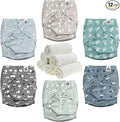 Mama Koala 3.0 Pocket Diapers for Babies with Suede Cloth Lining, 6 Pack with 6 4-Layer Natural Cloth Diaper Inserts - Reusable and Washable Pocket Diapers(S-The Gray Sky)
