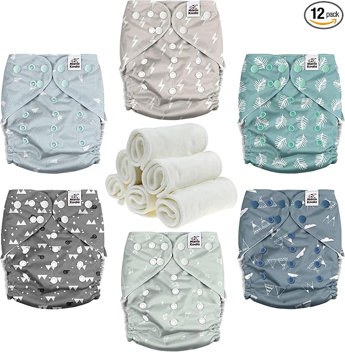 Mama Koala 3.0 Pocket Diapers for Babies with Suede Cloth Lining, 6 Pack with 6 4-Layer Natural Cloth Diaper Inserts - Reusable and Washable Pocket Diapers(S-The Gray Sky)