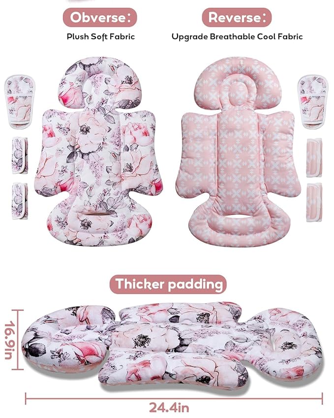 Infant Car Seat Insert, Enlarged Head Support for Baby Carseat, Reversible Newborn Insert with 3 Strap Covers, 2-in-1 Baby Car Seat Cushion for Stroller, Swing, Bouncer, Rocker - Pink Floral