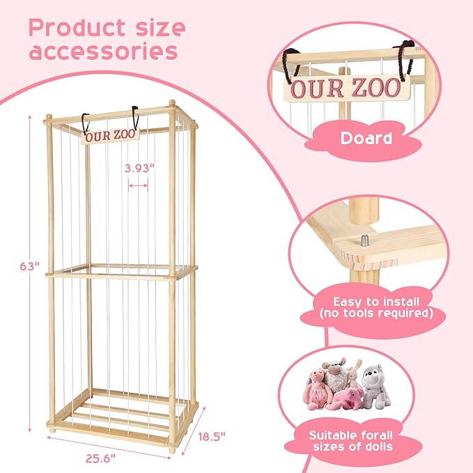 Extra Large Stuffed Animal Storage for Corner Organizer,Premium Wooden Material with Elastic Cord Hold Up to 250 Plush Toys,Stuffed Zoo Animal Holder and Collection for Playroom-Birthday