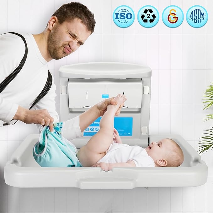 Commercial Baby Changing Station Diaper Wall Mount, Foldable Baby Change Station/Diaper Adopt HDPE Safe Materials for Baby, 60lb Wall-Mounted Baby Changing Station Table with Storage Box