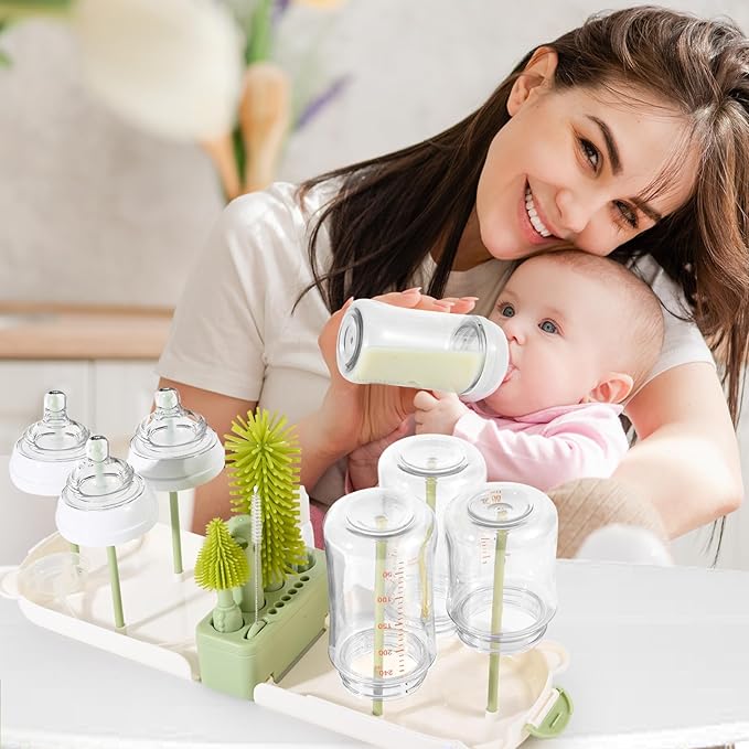 Portable Baby Bottle Brush Set, 7-in-1 Travel Baby Bottle Cleaning Kit, Portable Bottle Washing Kit with Silicone Bottle Brush, Nipple Brush, Straw Brush, Drying Rack for Home & Travel (Green)