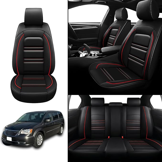 Seat Covers for Chrysler Car Town and Country 2000-2016 | 5-Seats Leather Seat Covers, Easy to Install Automotive Seat Covers Full Set (Full Set, Black&Red Line)