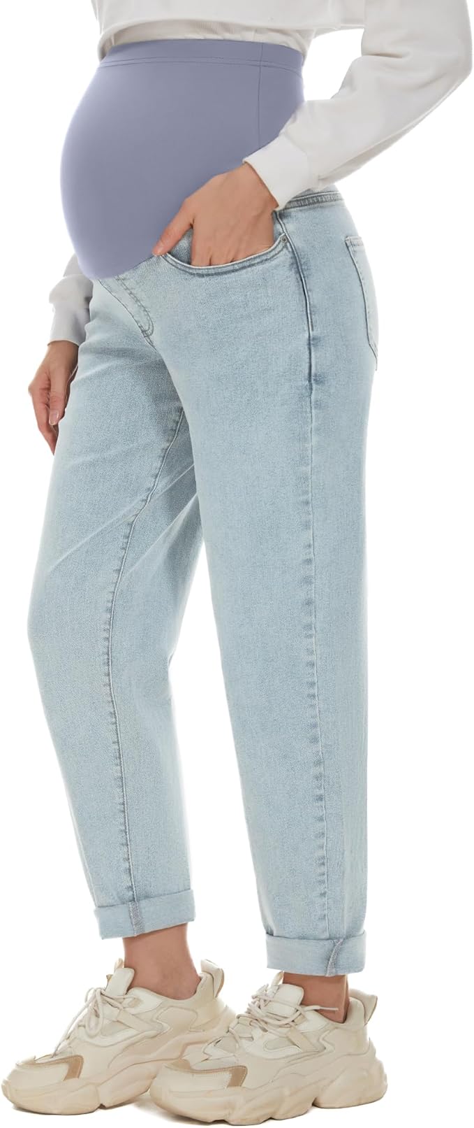 POSHGLAM Women's Maternity Jeans Over Belly Comfy Stretch 28'' Boyfriend Jeans Loose Pregnancy Pants, S-XXL