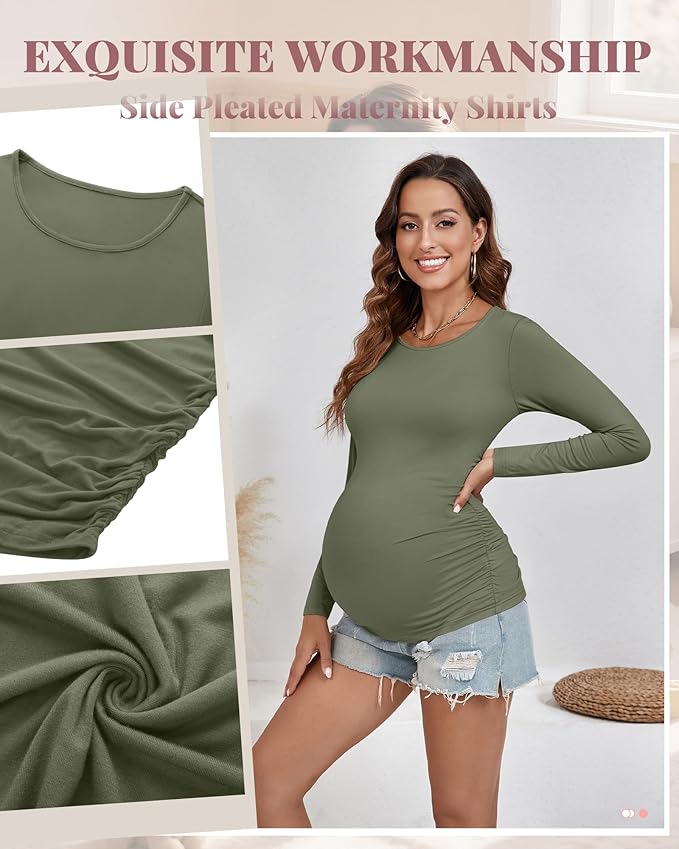 Ficerd 3 Pack Women's Maternity Shirts, Long Sleeve Side Ruched Pregnancy Tee Tops Crew Neck Casual Mama Clothes Basic Tunic