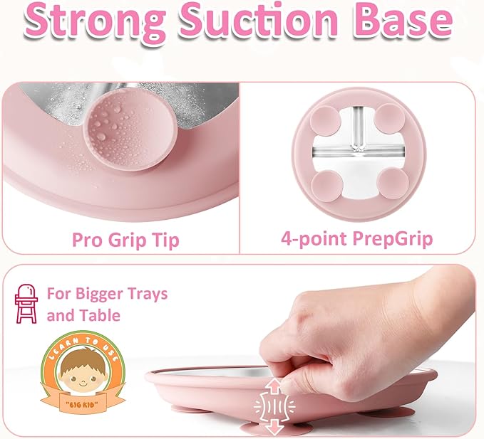 Stainless Steel Baby Plate with Suction, 9” Divided Toddler Plates with Removable Silicone Sleeves for Kids, Non-Toxic Non-Slip Unbreakable Dishwasher Safe Dinnerware Set of 2, Pink & Beige