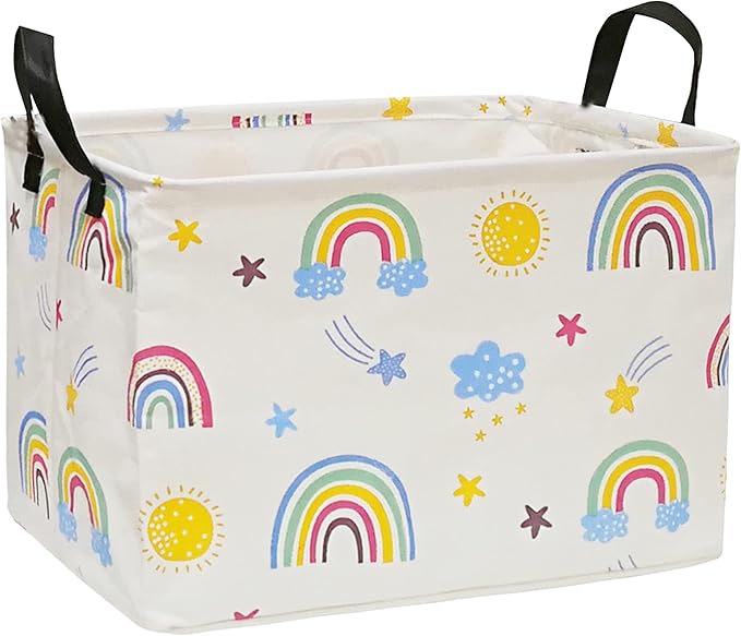 Rectangle Foldable Gift Laundry Basket, Storage for Dirty Cloth, Toys Nursery, Kids Clothes, Hamper With Handles for Home Decor (REC-Rainbow)
