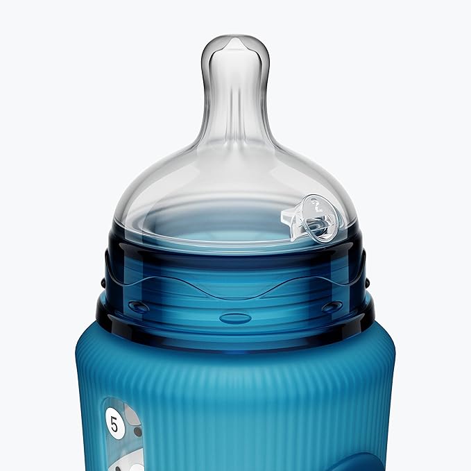 Smilo Baby Bottle Set with Stage 0 Slow Flow Anti Colic Nipple, 5 Oz / 150 ml Capacity, 3X Pack of Anti Colic Baby Bottles 0-3 Months - Aqua Blue