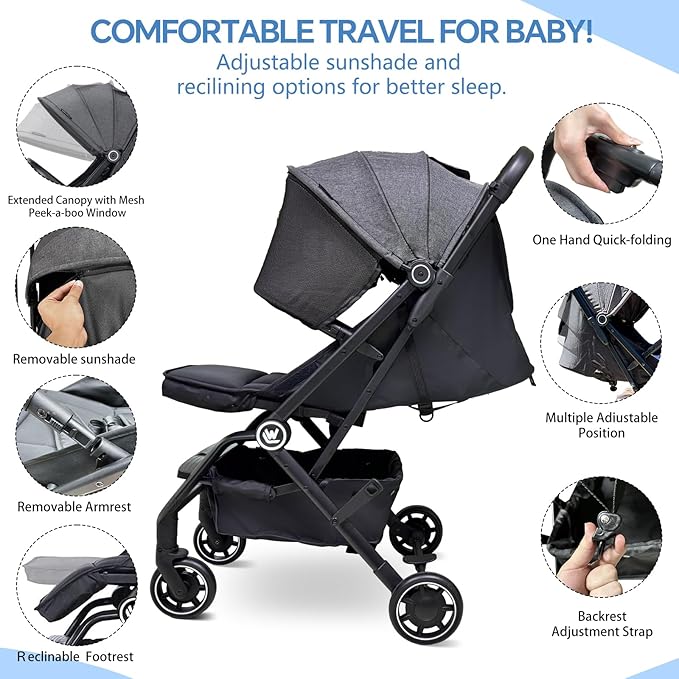Lightweight Baby Stroller, Compact Travel Stroller with Retractable Foot Cover & Sleep Shade, One Hand Easy Foldable Strollers, Adjustable Reclining Seat for 0-36 Months