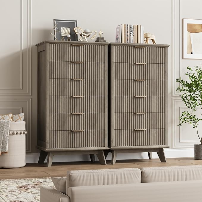 QUW Fluted 6 Drawer Dresser for Bedroom, Modern Tall Chest of Drawers with Metal Handle, Large Wood Storage Chest Organizer Accent Storage Cabinet for Living Room, Hallway, Entryway, Gray