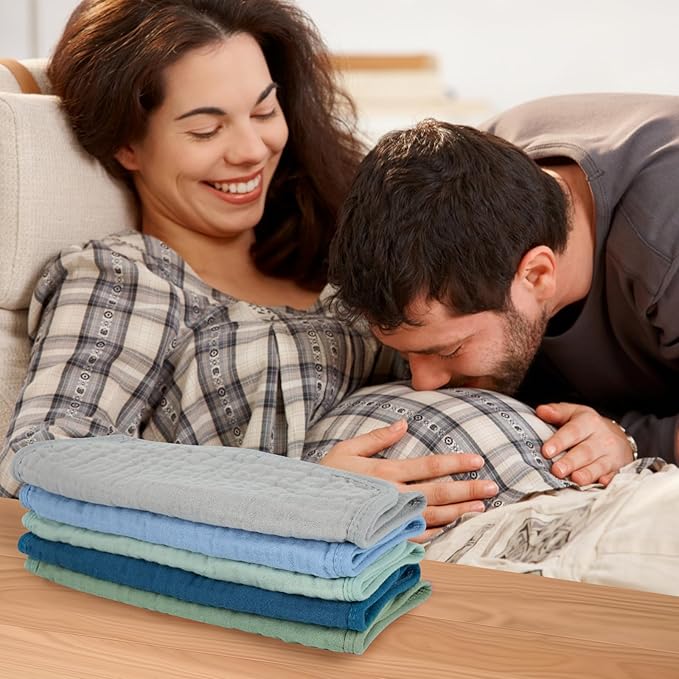 Baby Burp Cloth 100% Cotton Newborn Cotton Muslin Burp Cloth 10x20 inches (Blue & Green 5 Pieces)