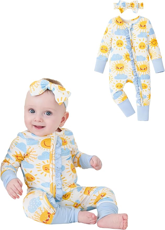 PATPAT Baby Girl Boy Clothes Newborn Infant Footie – Soft Viscose from Bamboo– 2-Way Zipper, Fold-Over Mitten, Ruffle Trim