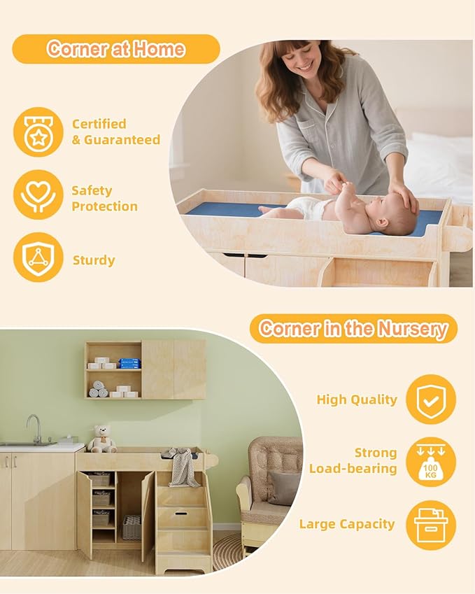 Wooden Baby Changing Table with Stairs & Storage, 100% Birch Plywood Toddler Diaper Changing Station with Tissue Holder, Montessori Furniture for Daycare, Nursery, Home, School