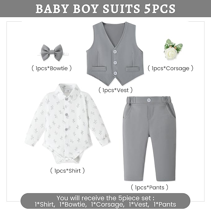 SANMIO Baby Boy Clothes Suits Infant Gentleman Outfit Collared Dress Shirt+Vest+Tie+Corsage+Pants 5Pcs Baby Suit Sets