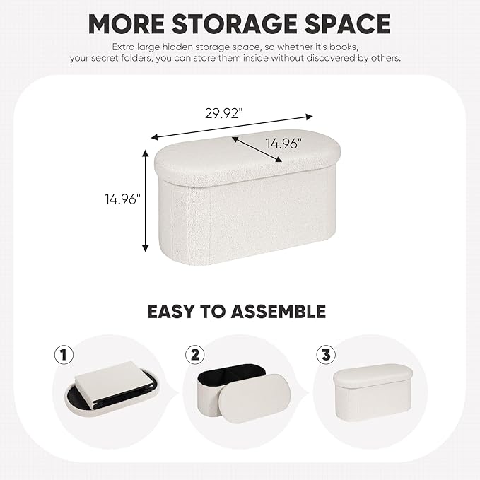 B FSOBEIIALEO Ottoman with Storage for Living Room, Sherpa Folding Storage Ottoman Foot Rest, 30 Inches Collapsible Bedroom Bench White