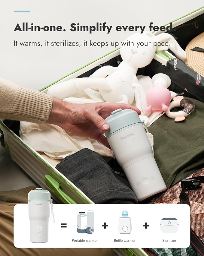 Papablic Portable Bottle Warmer for Home & Travel — 85W Fast Heating, Built-in Sterilizer, 4 Temp Settings, 6 Feeds per Charge, 3-Inch Wide Mouth, Fits Car Cup Holder