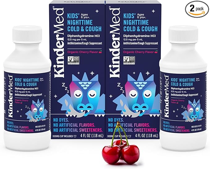 KinderMed Kids' Nighttime Cold & Cough Medicine, for Ages 6 Years+, No Dyes, No Artificial Flavors, No Artificial Sweeteners, Vegan, Non-GMO, Gluten Free, Organic Cherry Flavor, 4 fl. oz (Pack of 2)